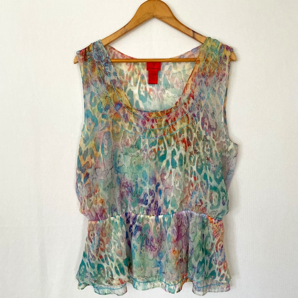 V CHRISTINA Large Colorful Animal Print Layered Sleeveless Peplum Top